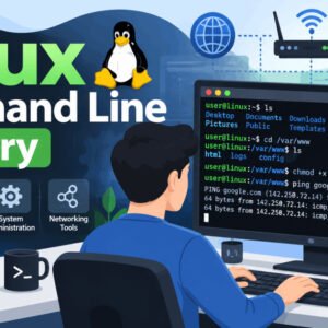 Linux command line mastery course showing terminal commands, networking, and system management.