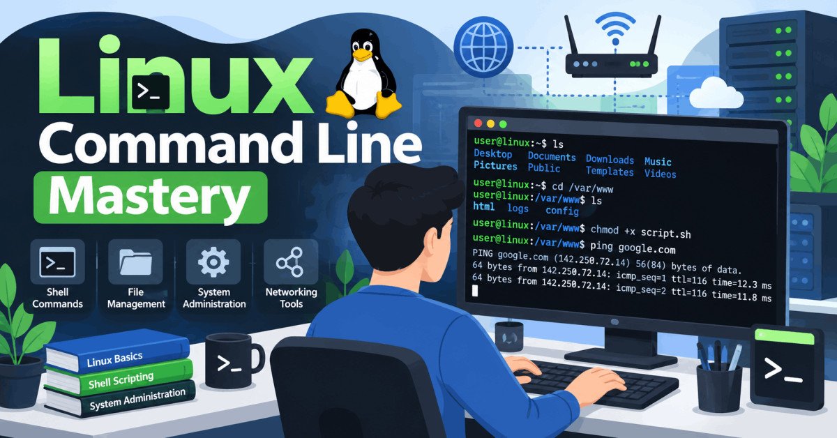 Linux command line mastery course showing terminal commands, networking, and system management.
