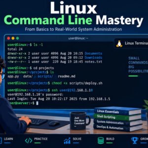 Linux command line mastery course illustration with terminal, commands, and system tools