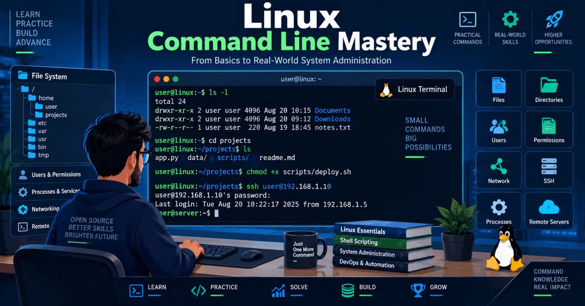Linux command line mastery course illustration with terminal, commands, and system tools