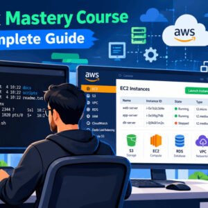 Linux mastery course guide showing DevOps engineer working with Linux terminal and cloud setup.