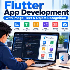 Machine learning with Flutter course showing image, text, and object recognition in mobile apps.