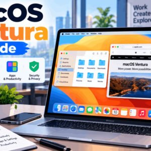 Illustration of macOS Ventura desktop with apps, dock, and settings – macOS Ventura guide for beginners to advanced