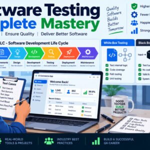 Manual testing fundamentals with live examples shown on laptop, whiteboard, and test scenarios.