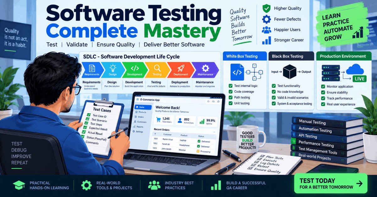 Manual testing fundamentals with live examples shown on laptop, whiteboard, and test scenarios.