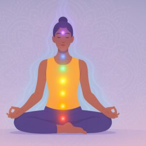 Illustration of meditation for chakra healing with chakras aligned and glowing energy flow