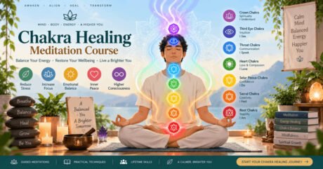 Illustration of meditation for chakra healing with chakras aligned and glowing energy flow