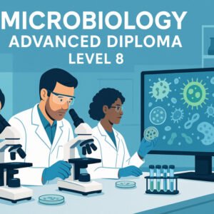 Microbiology advanced diploma course illustration showing lab research and microbes.