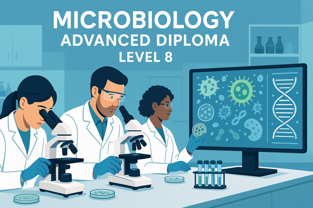 Microbiology advanced diploma course illustration showing lab research and microbes.