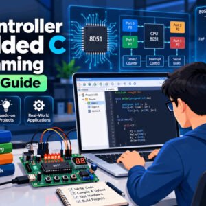 Student coding microcontroller embedded C program with 8051 board and laptop in a modern learning setup.