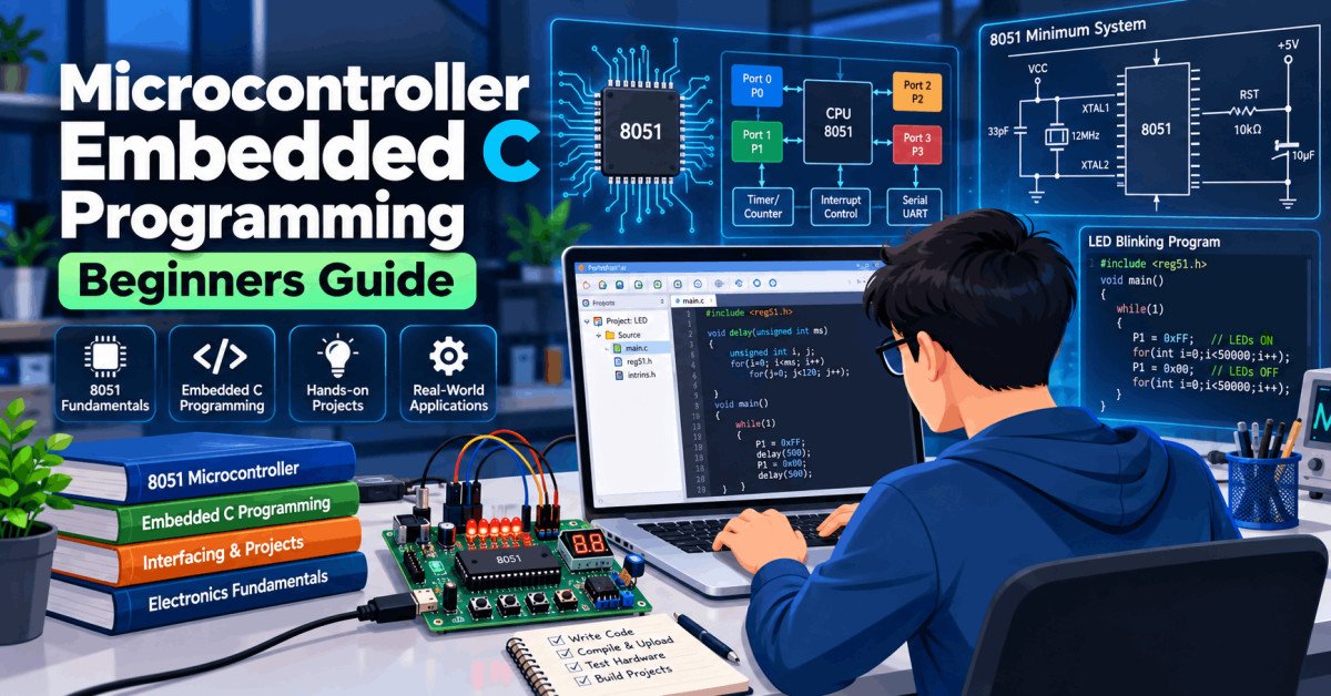 Student coding microcontroller embedded C program with 8051 board and laptop in a modern learning setup.
