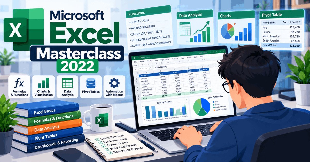 Student learning Microsoft Excel in masterclass, exploring formulas, functions, and data management.