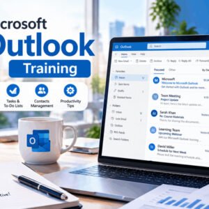 Professional workspace showing Microsoft Outlook interface with emails, calendars, and productivity tools for training.
