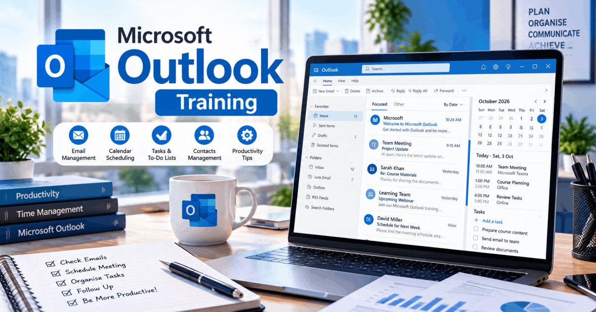 Professional workspace showing Microsoft Outlook interface with emails, calendars, and productivity tools for training.