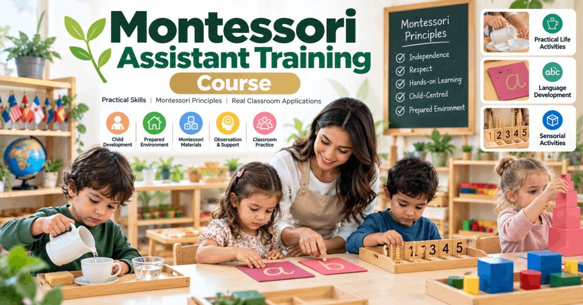 Montessori assistant training course with children learning in a Montessori classroom setting