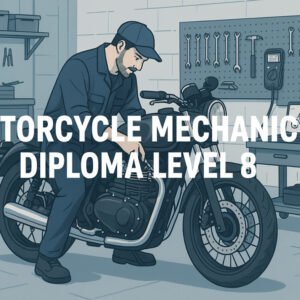 Motorcycle mechanic diploma Level 8 showing UK workshop with tools and motorcycles.