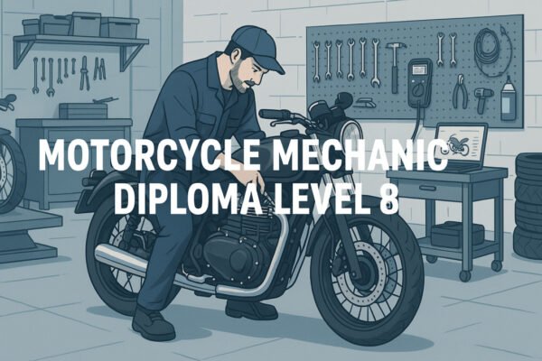 Motorcycle mechanic diploma Level 8 showing UK workshop with tools and motorcycles.