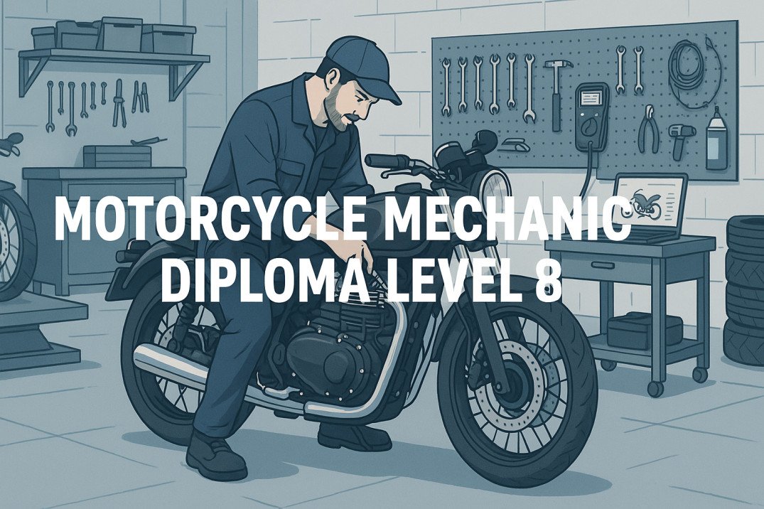 Motorcycle mechanic diploma Level 8 showing UK workshop with tools and motorcycles.