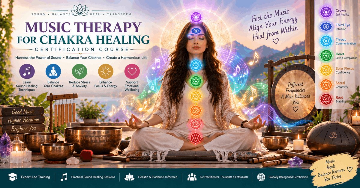 Illustration of music therapy with chakra energy flow, showing healing through sound techniques for chakra balance.