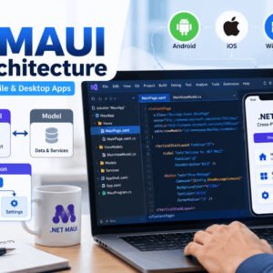 Developer building cross-platform apps using MVVM .NET MAUI architecture on laptop.