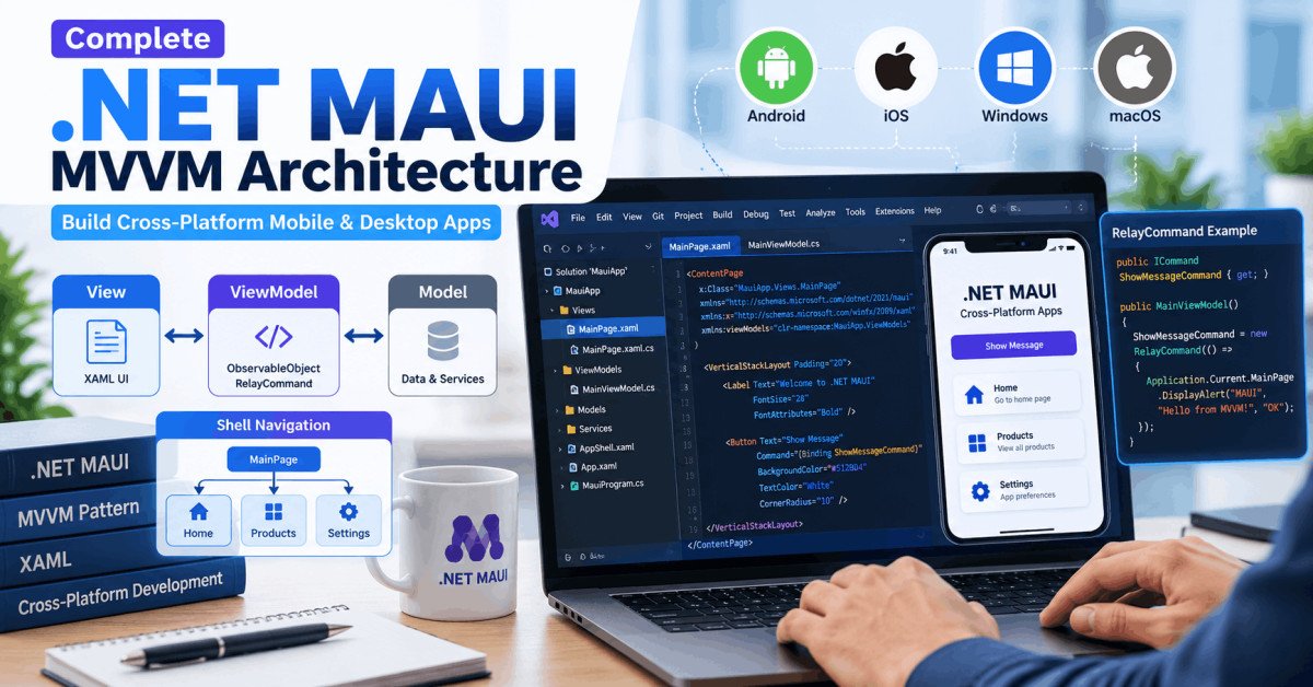 Developer building cross-platform apps using MVVM .NET MAUI architecture on laptop.