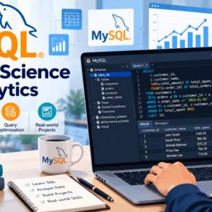 MySQL for data science and analytics course illustration showing database, SQL code, and charts