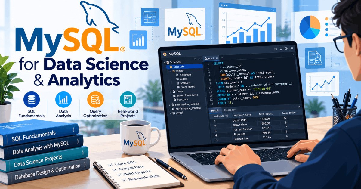 MySQL for data science and analytics course illustration showing database, SQL code, and charts