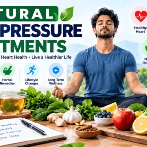 Illustration of natural blood pressure treatments with herbs, healthy food, and relaxation methods.