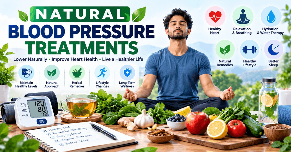 Illustration of natural blood pressure treatments with herbs, healthy food, and relaxation methods.