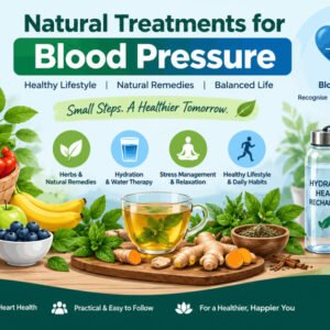 Illustration showing natural treatments for blood pressure with foods, herbs, and hydrotherapy visuals.