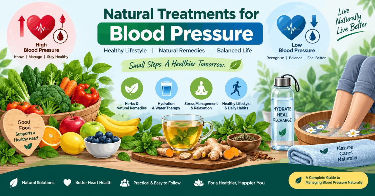 Illustration showing natural treatments for blood pressure with foods, herbs, and hydrotherapy visuals.