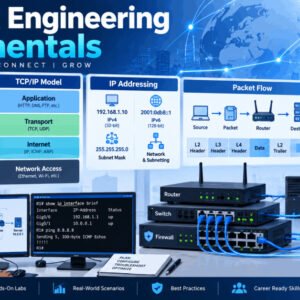 Illustration of network engineering fundamentals showing OSI model, TCP/IP, and routing protocols.