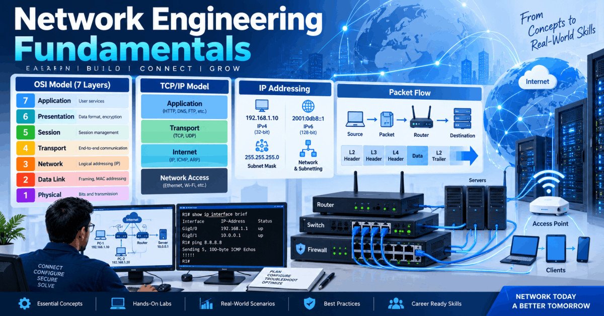 Illustration of network engineering fundamentals showing OSI model, TCP/IP, and routing protocols.