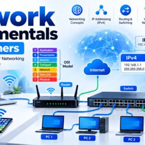 Illustration of network fundamentals with computers, routers, and switches for beginners.
