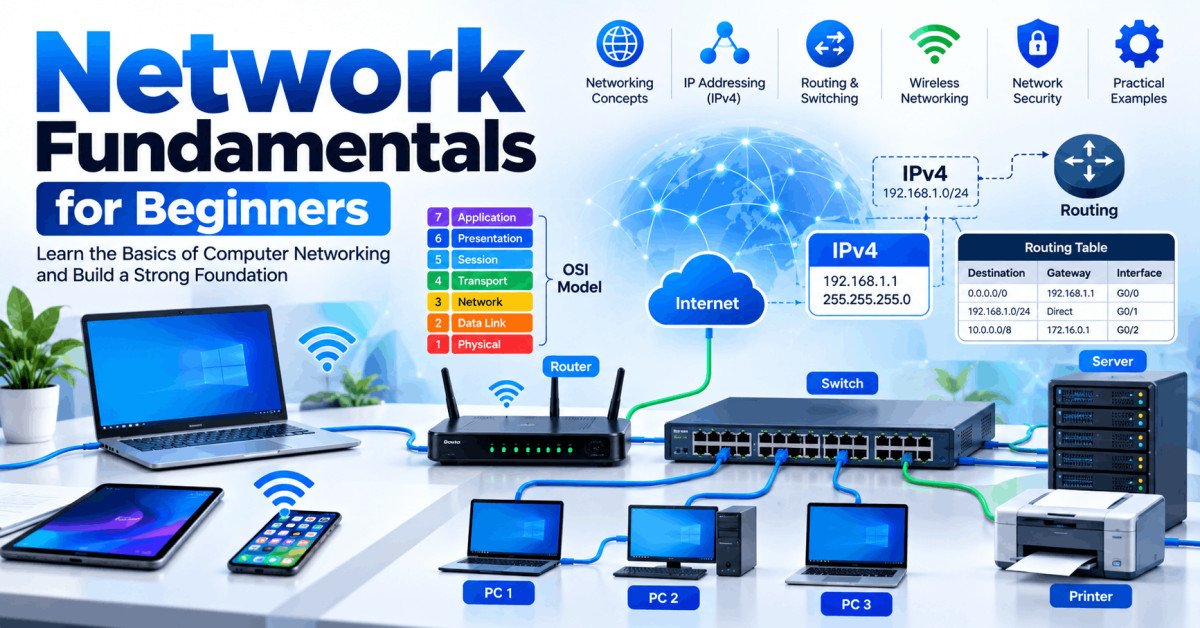 Illustration of network fundamentals with computers, routers, and switches for beginners.