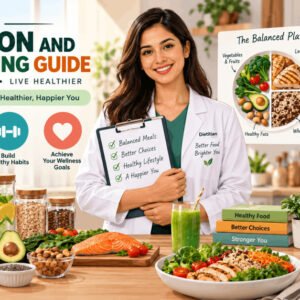 Nutrition and diet planning guide illustration showing balanced meals, diet charts, and healthy food choices.