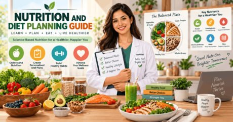 Nutrition and diet planning guide illustration showing balanced meals, diet charts, and healthy food choices.