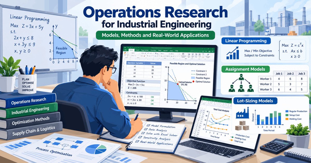 Operations research for engineers illustration showing linear programming models and Excel optimization.