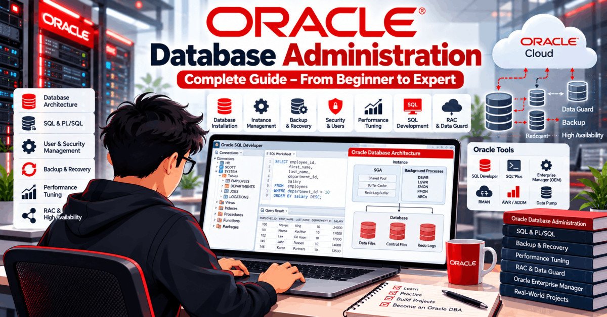 Oracle database administration guide with architecture, tools, and beginner practice environment.