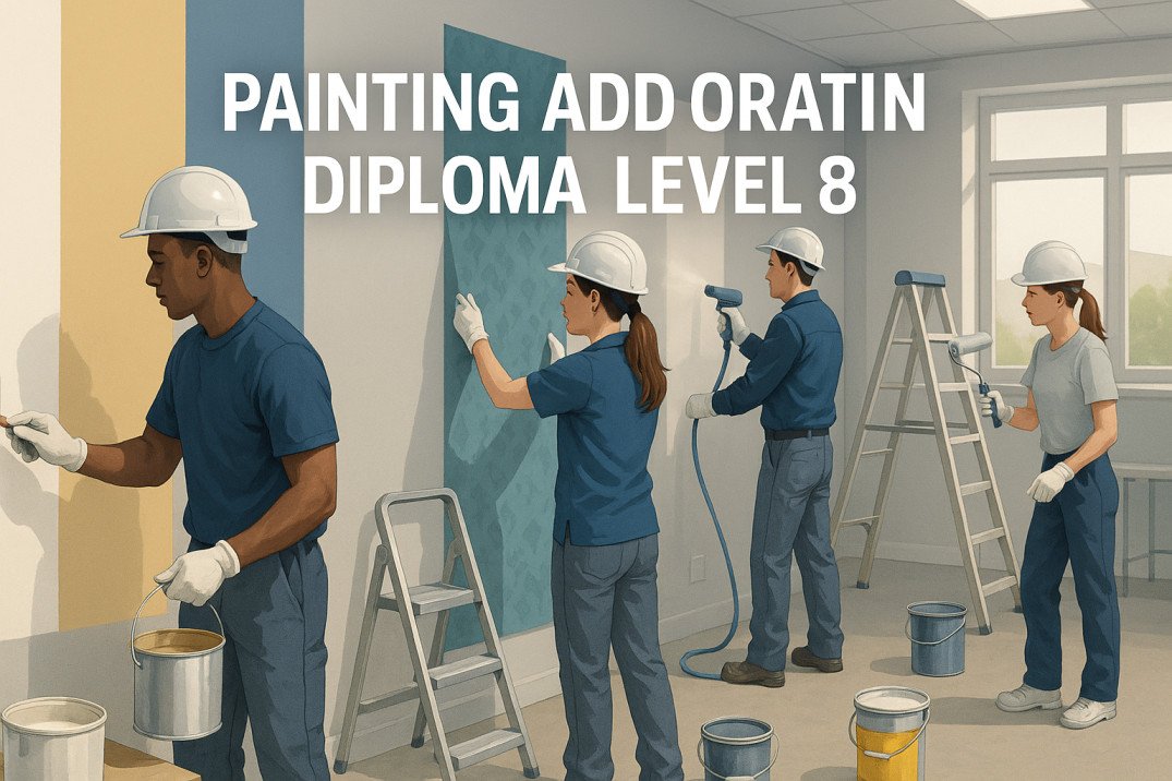 Students practicing painting and decorating diploma techniques with brushes and rollers.