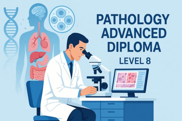 Pathology advanced diploma Level 8 illustration showing medical research, lab, and human anatomy.