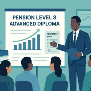 Pension Advanced Diploma Level 8 showing books, charts, and retirement planning visuals