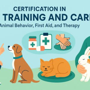 Certification in pet training and care featuring animal behavior, first aid, and therapy guidance for pet owners.