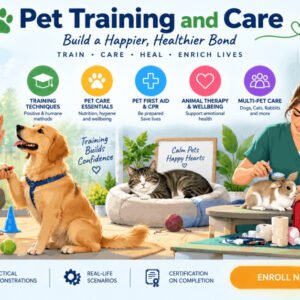 Certification in pet training and care featuring animal behavior, first aid, and therapy guidance for pet owners.