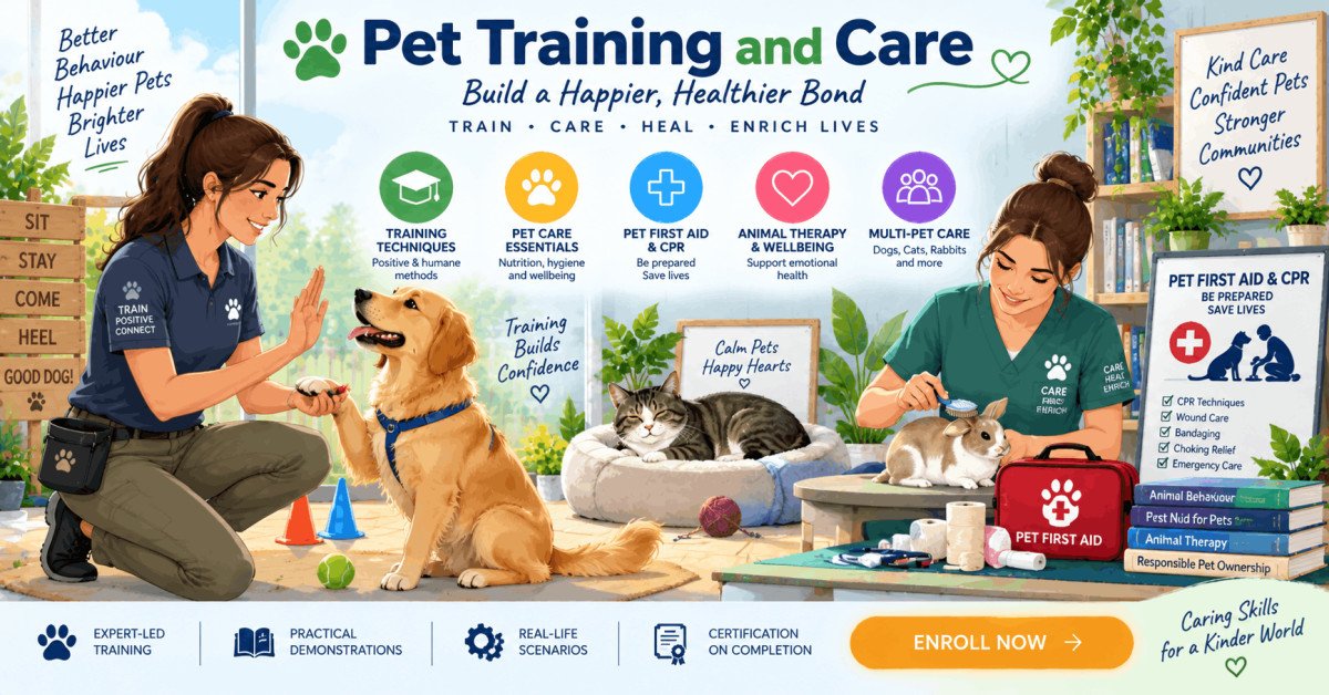 Certification in pet training and care featuring animal behavior, first aid, and therapy guidance for pet owners.