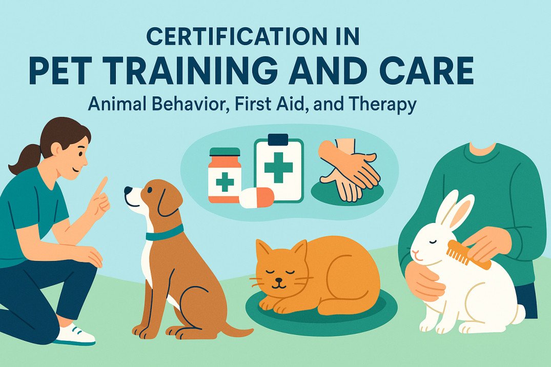 Certification in pet training and care featuring animal behavior, first aid, and therapy guidance for pet owners.