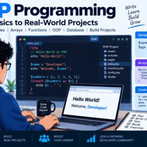 Beginner learning PHP development course with code editor and syntax examples on screen