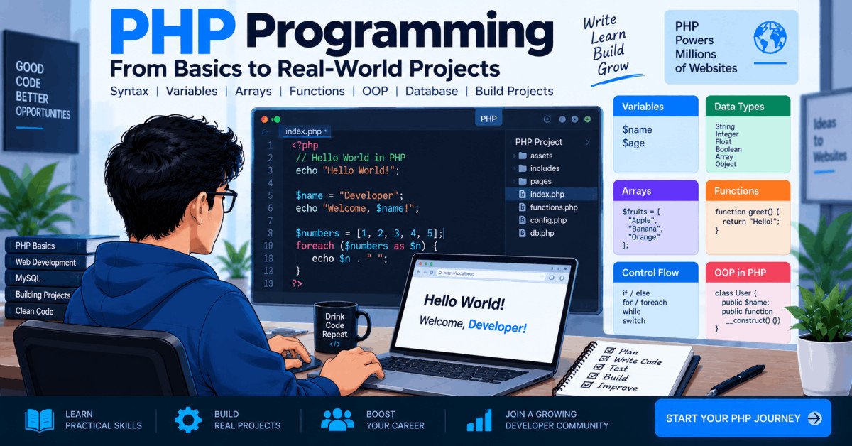 Beginner learning PHP development course with code editor and syntax examples on screen