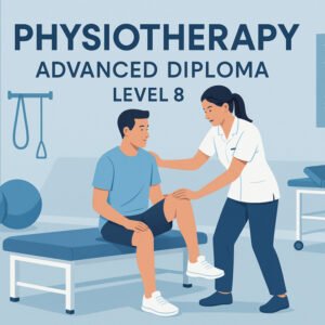Physiotherapy advanced diploma illustration of therapist assisting patient in modern UK clinic setting.