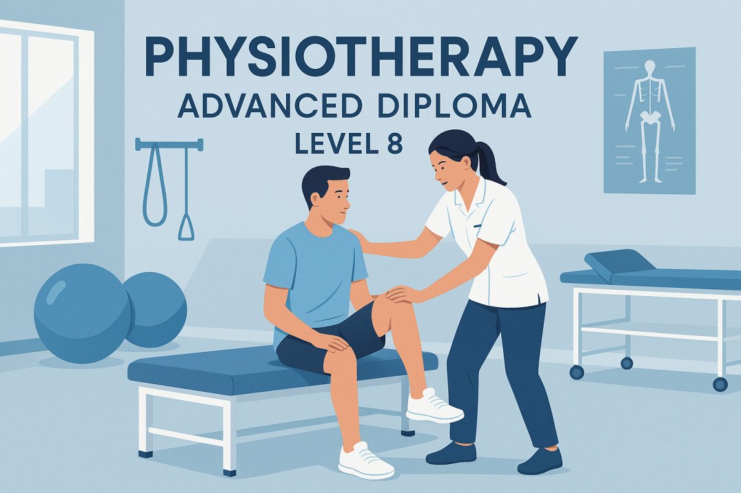 Physiotherapy advanced diploma illustration of therapist assisting patient in modern UK clinic setting.